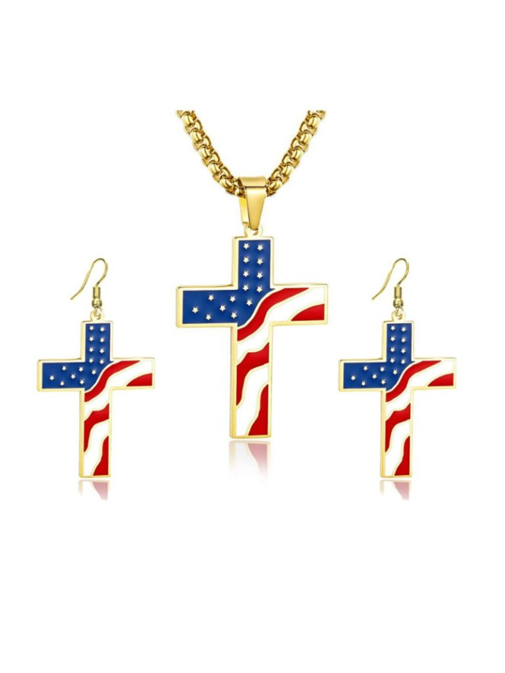 Gold American Flag Cross Necklace Earrings Set Patriotic Christian USA Jewelry